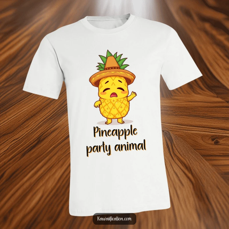 Funny t-shirt depicting a bewildered pineapple character wearing a tiny sombrero, comically attempting to limbo with great effort.