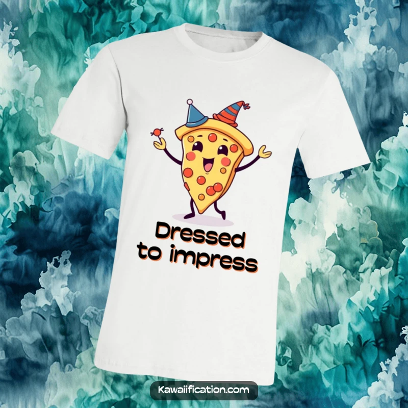 Funny t-shirt depicting a pizza slice character juggling itself, each slice adorned with a tiny hat, radiating festive energy.