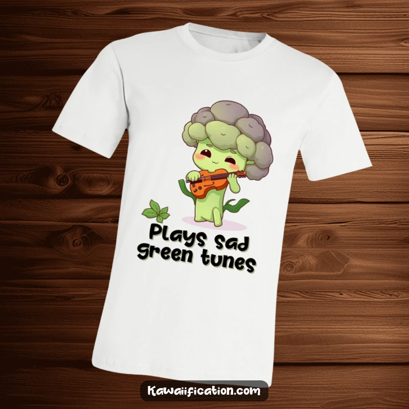 Funny t-shirt depicting a shy broccoli floret playing a miniature violin, showcasing a whimsical and humorous scene.