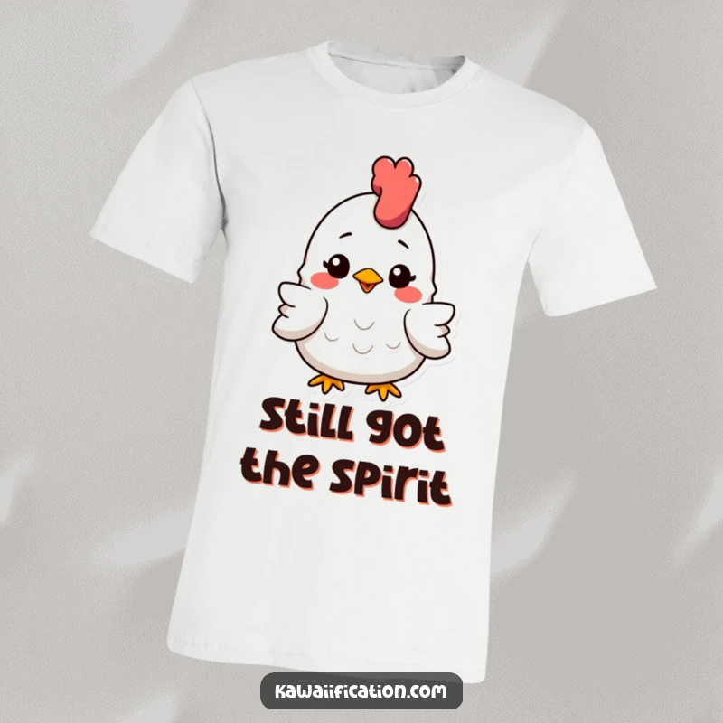Funny T-Shirt showcasing a rubber chicken that’s been slightly squashed but maintains a wide, cheerful smile, embodying resilience.