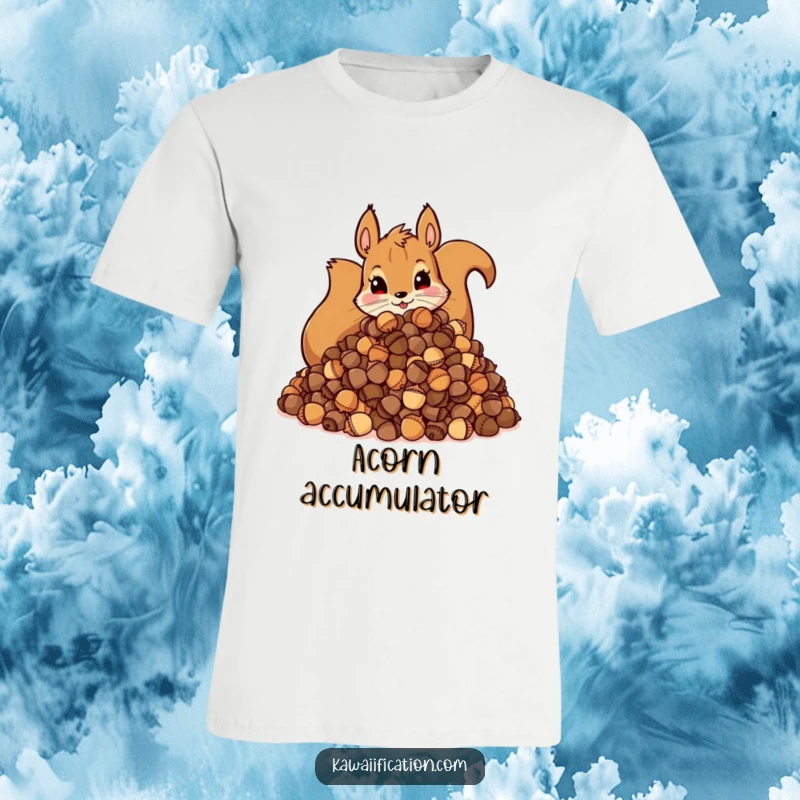 Funny T-Shirt: Amusing illustration of a mischievous squirrel guarding a huge stash of acorns, full of personality.