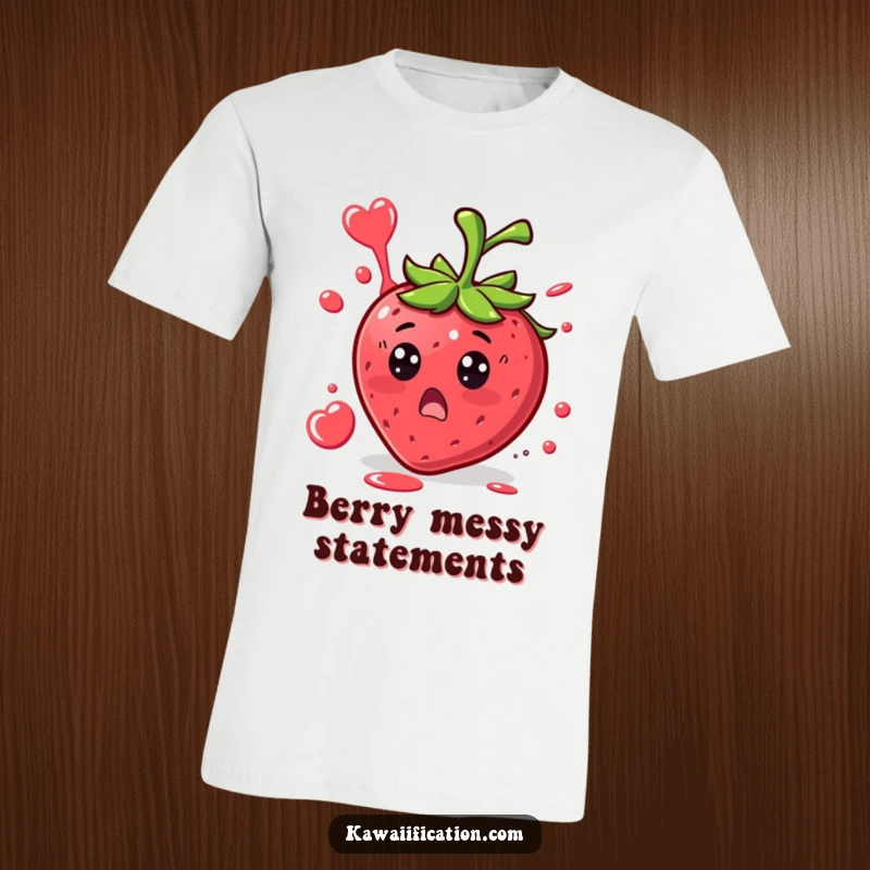 Funny Strawberry Surprise T-Shirt design of a surprised strawberry character with juice splattering in a funny and comical shape, a hilarious graphic.