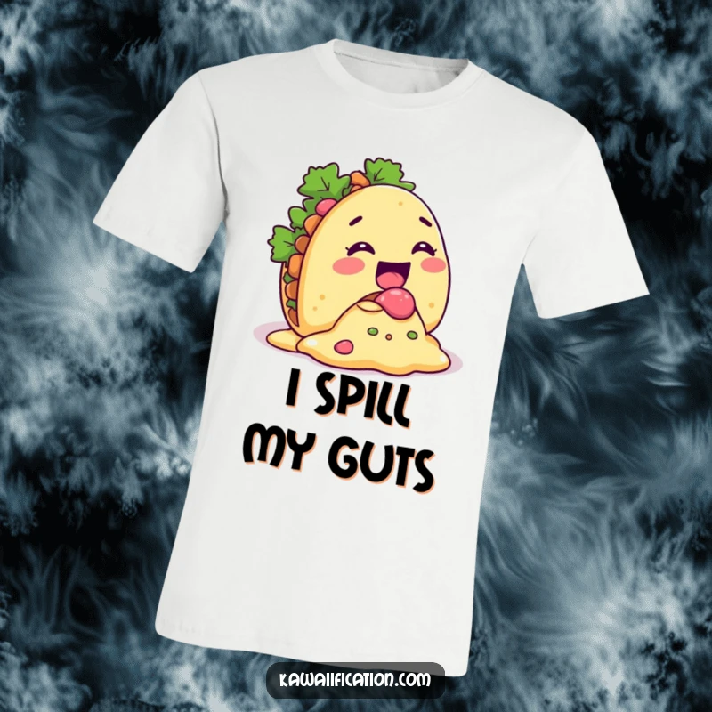 Funny Taco Spill T-Shirt design of a giggling taco character with its filling comically spilling out, a hilarious and appetizing graphic.