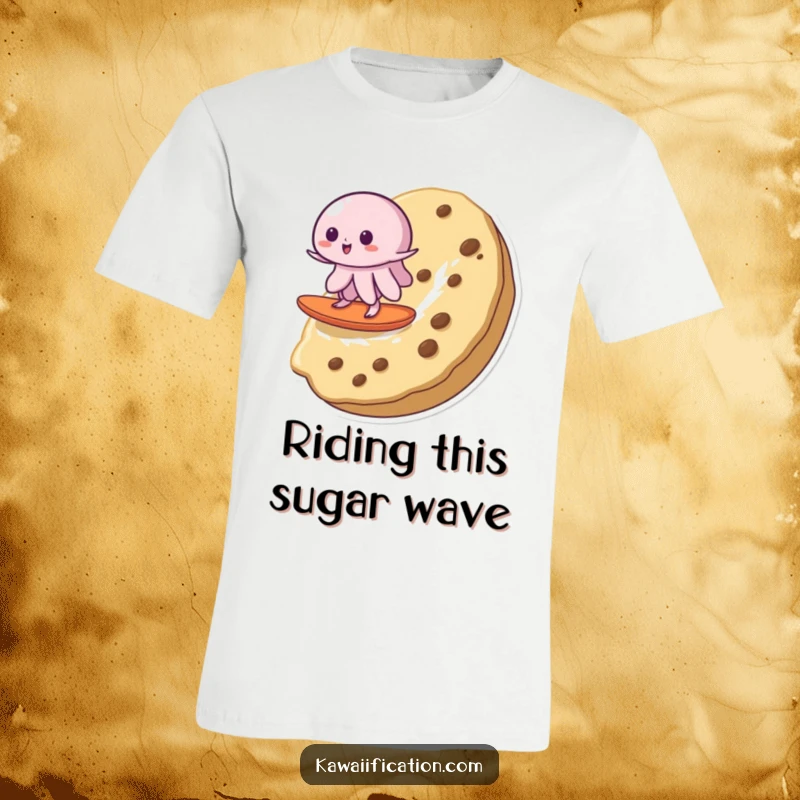 Funny t-shirt showing a wobbly jelly bravely surfing a giant cookie, spreading smiles and sweet, comical vibes.