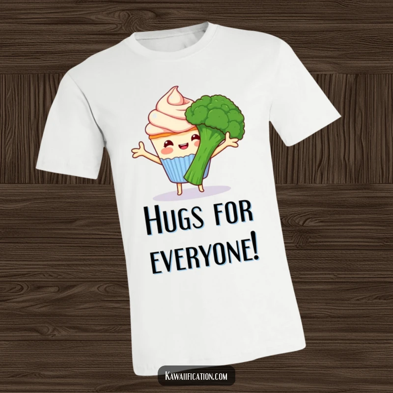 Funny happy cupcake with frosting arms hugging grumpy broccoli, cartoon contrast shirt for expressing sweetness, great funny gift.