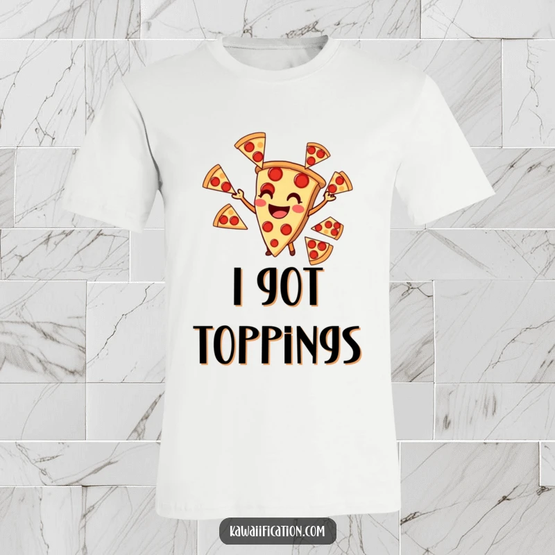 Funny t-shirt design of a smiling pizza slice expertly juggling several pepperoni slices, a celebration of deliciousness.