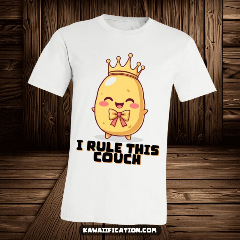 Funny t-shirt showcasing a proud potato character wearing a tiny crown, performing a regal bow. Majestic and humorous.