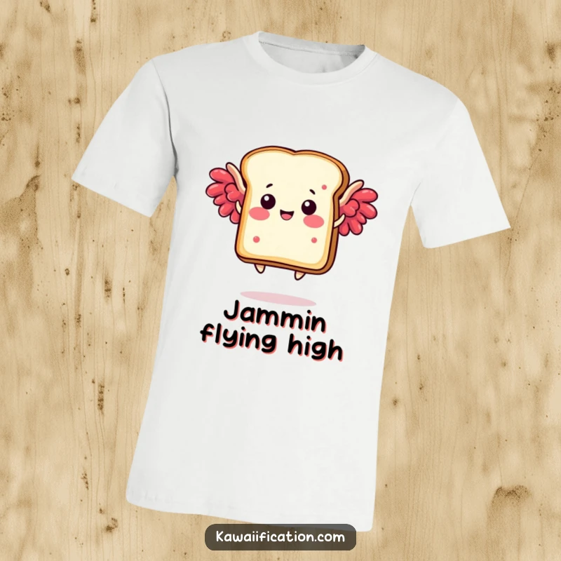 Funny t-shirt showcasing a happy toast slice with sticky jam wings humorously trying to achieve flight, a breakfast fantasy.