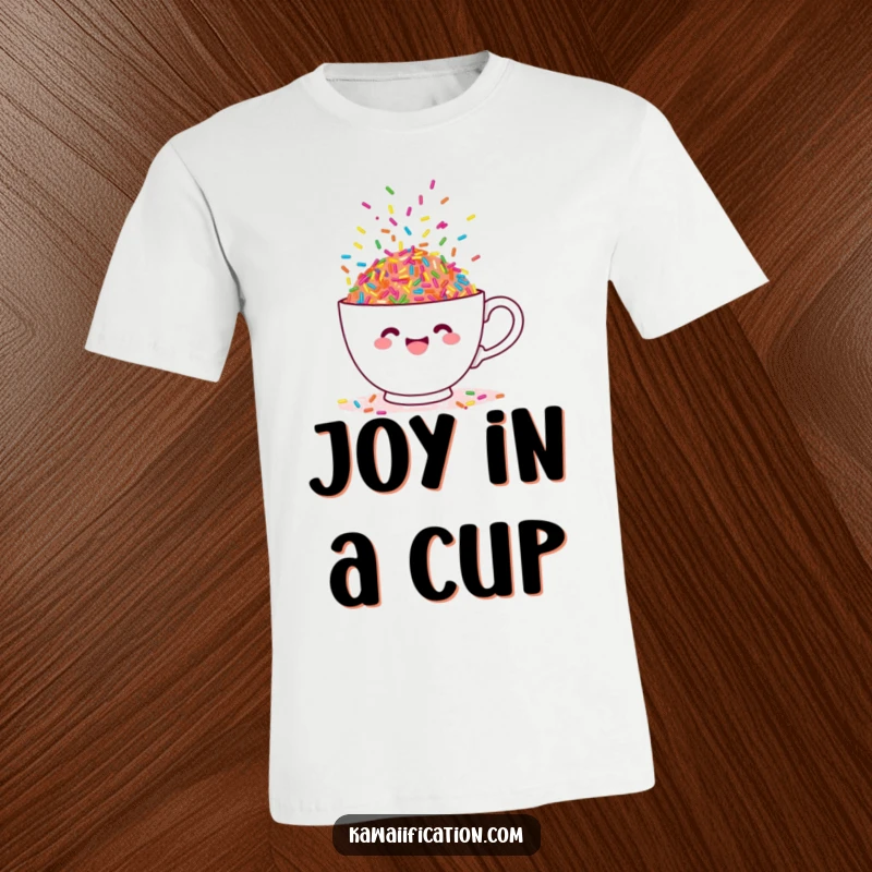Funny t-shirt design of a cheerful teacup overflowing with lively, dancing sprinkles, a celebration of sweetness.