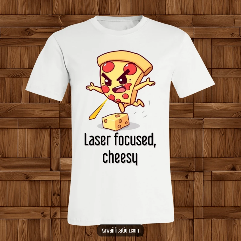 Funny t-shirt showing a determined pizza slice character with a focused expression, leaping over a bright cheese laser.