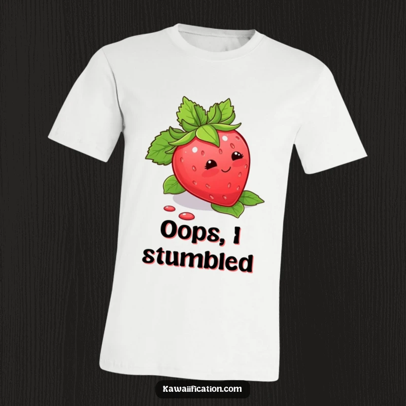 Funny T-Shirt displaying a blushing strawberry comically tripping over its leaves, capturing a moment of sweet embarrassment.