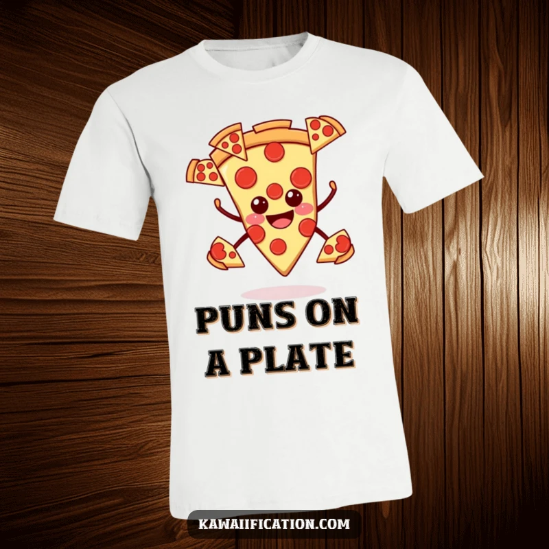 Funny pizza t-shirt, smiling slice juggling multiple pepperoni slices, a humorous and appetizing design for casual wear.