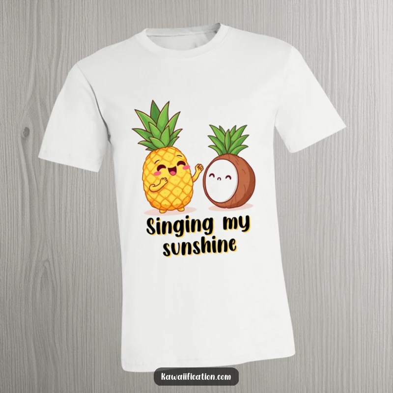 Funny t-shirt depicting a cheerful pineapple singing opera to a shy coconut, illustrating a humorous tropical concert.