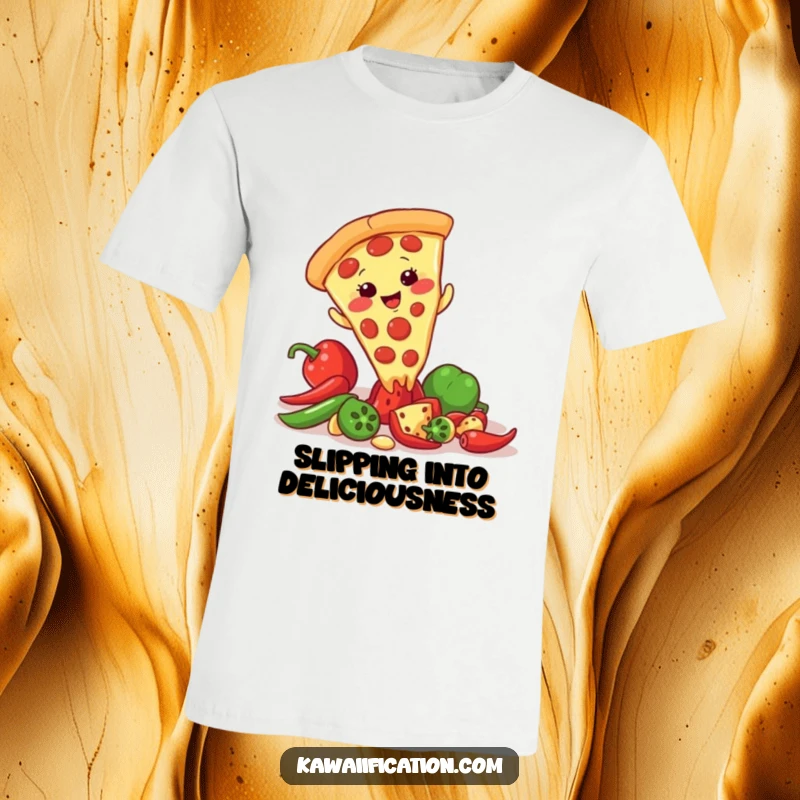Funny t-shirt featuring a giggling pizza slice character slipping on a scattered pepper, capturing a moment of tasty, accidental slapstick.