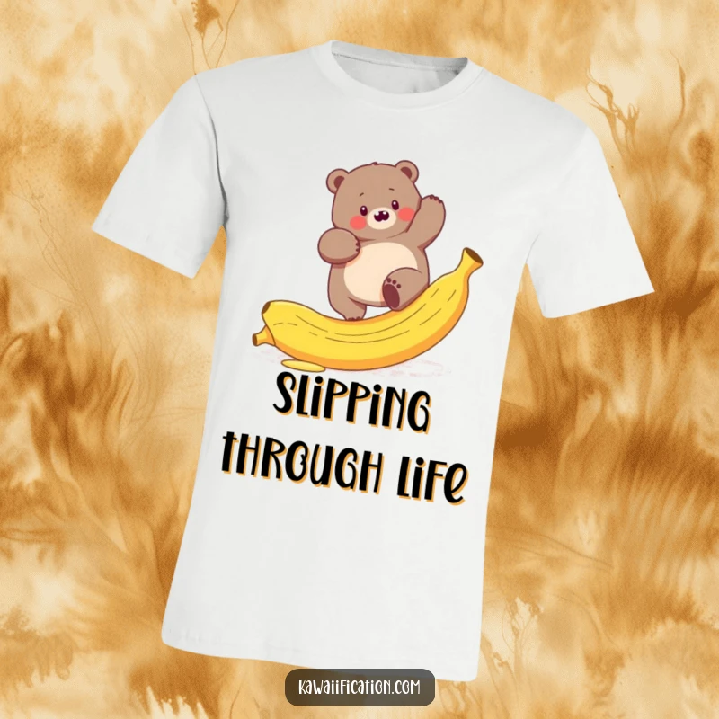 Funny t-shirt design of a plump bear hilariously attempting and failing to climb a slippery banana peel, full of action.