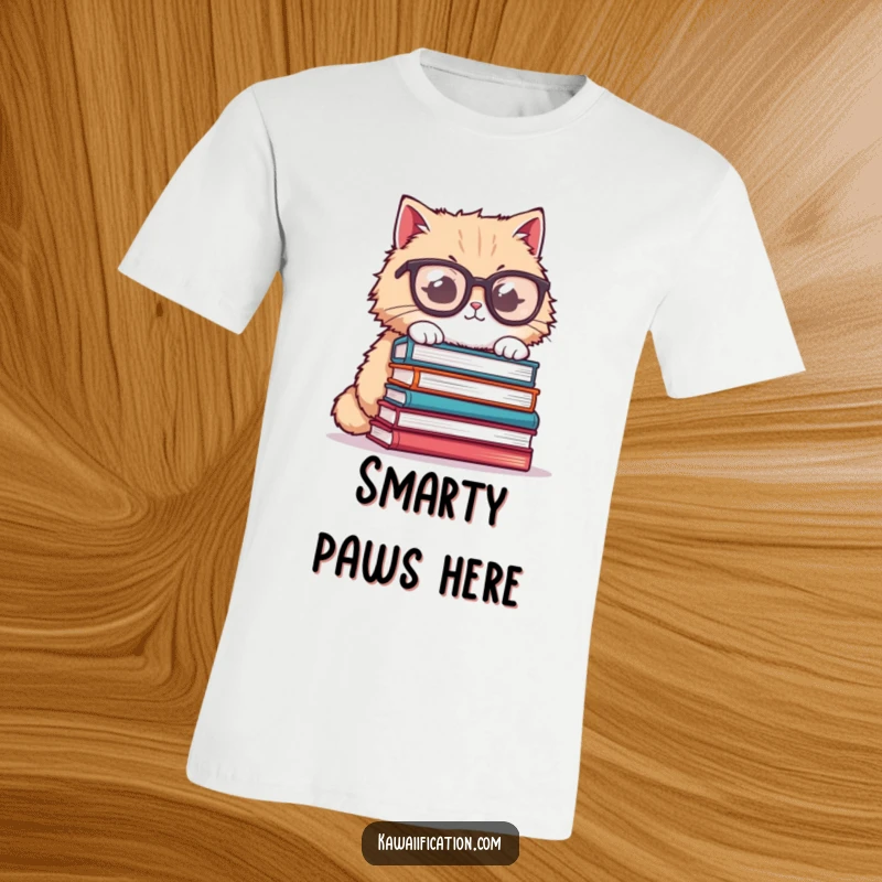 Funny cat t-shirt, fluffy cat wearing oversized glasses trying to balance a stack of books, a humorous and quirky design.
