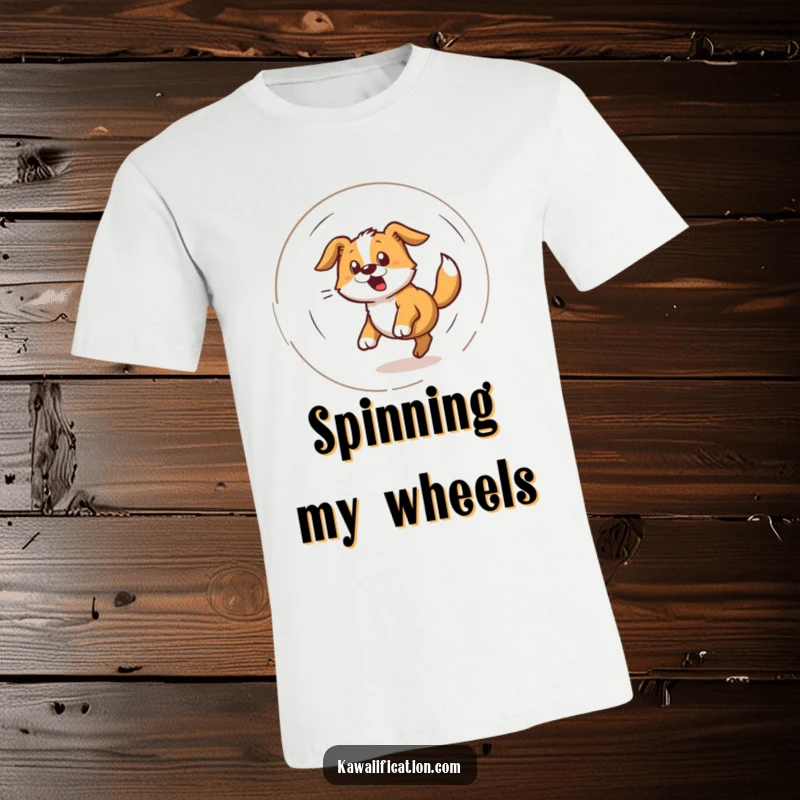 Funny t-shirt design showing a dog spinning rapidly in a dizzy circle while chasing its tail, capturing pure joy.