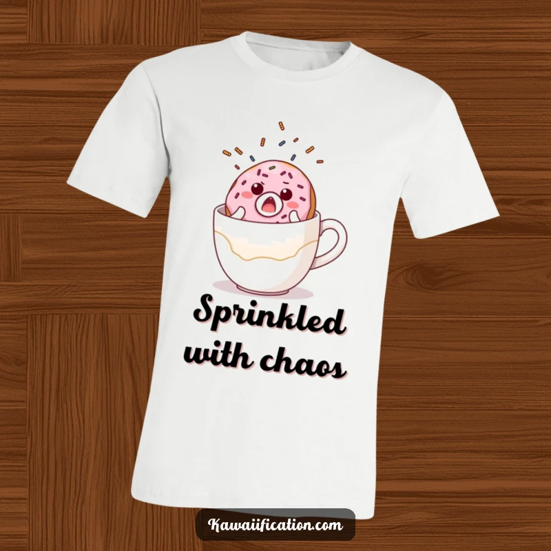 Funny t-shirt depicting a surprised donut character with sprinkles flying, comically tumbling off a giant coffee cup, mid-fall.