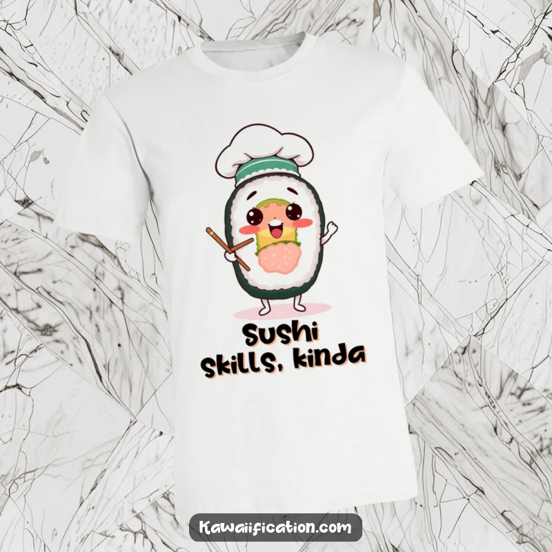 Funny t-shirt displaying a cheerful sushi roll character wearing a chef hat, comically attempting to juggle chopsticks with intense focus.