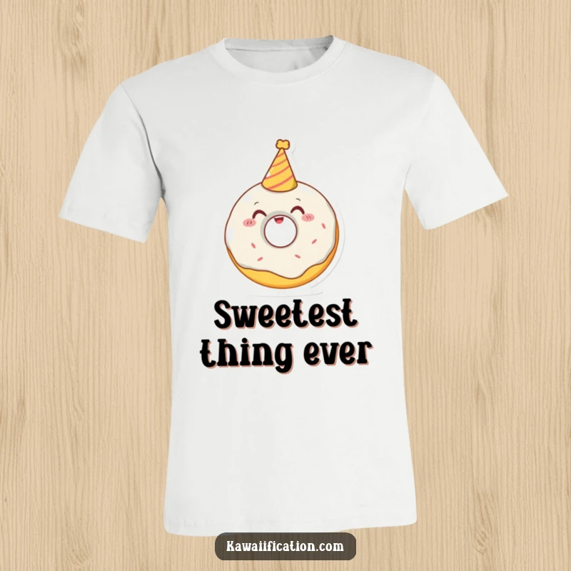 Funny t-shirt depicting a happy donut character trying to put on a tiny party hat, radiating cheerful celebration vibes.