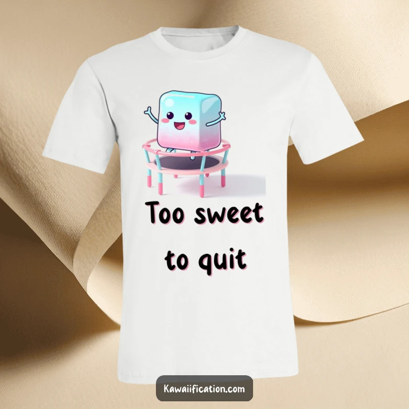 Funny t-shirt showcasing a gleeful jelly cube character mid-air, bouncing ecstatically on a vibrant candy trampoline, capturing sweet, energetic fun.