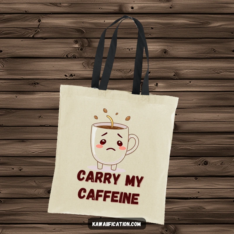Funny tote bag featuring a confused coffee cup character trying to pour itself, great for carrying coffee essentials hilariously.