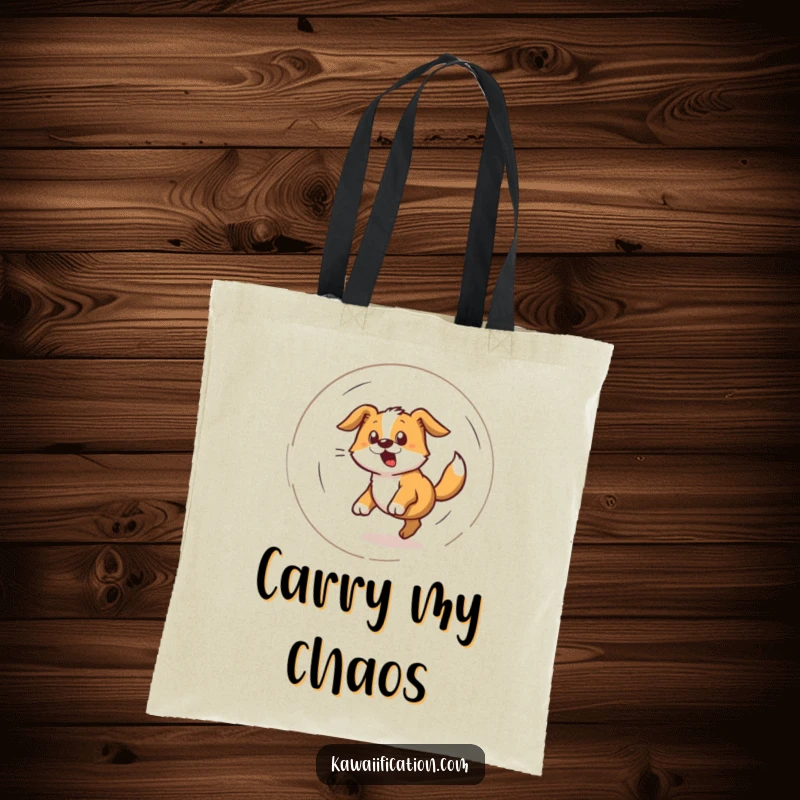 Funny tote bag featuring a bewildered dog caught in a dizzying spiral while chasing its tail, a symbol of energy.