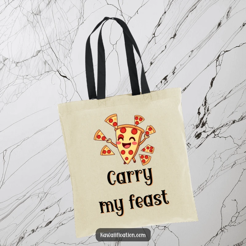 Funny tote bag featuring a smiling pizza slice juggling several pepperoni slices, a whimsical food accessory.