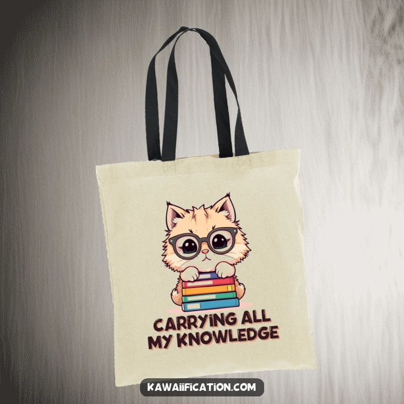 Funny illustration of a fluffy cat wearing glasses, trying to balance a huge stack of books while on a tote bag.
