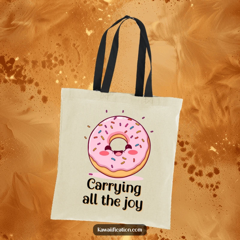 Funny Donut Confetti Tote Bag showing a delighted donut character with sprinkles falling like confetti, a practical and celebratory accessory.