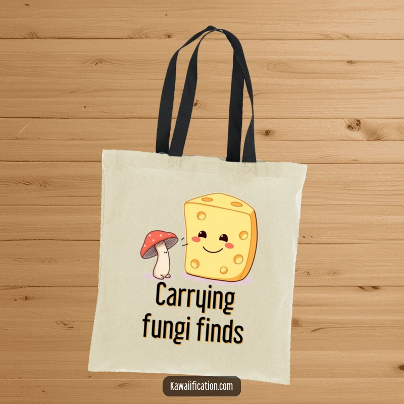 Funny shy mushroom winking at a giant smiling cheese on a durable tote bag, a charming and humorous accessory.