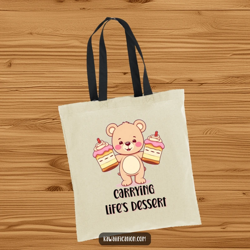 Funny tote bag featuring a happy teddy bear character juggling three oversized, wobbly cakes, perfect for carrying groceries or baking supplies.