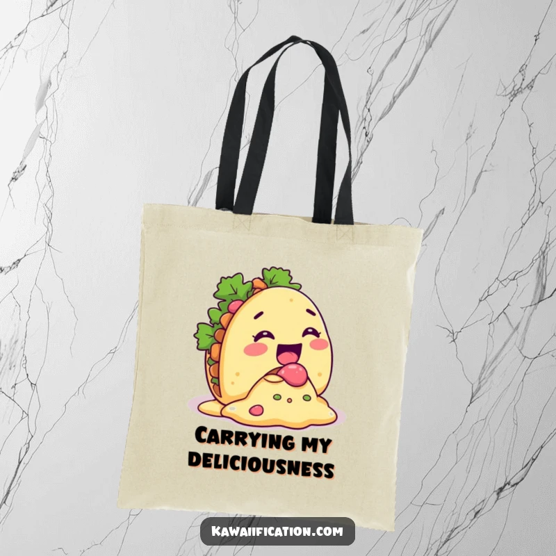 Funny Taco Spill Tote Bag showing a giggling taco character with its filling comically spilling out, a practical and humorous accessory.