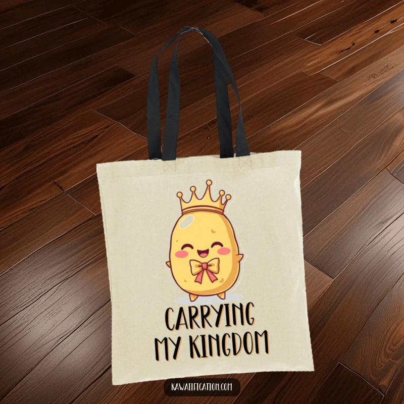 Funny tote bag featuring a proud potato character wearing a crown, bowing regally. Perfect for carrying essentials with royal flair.