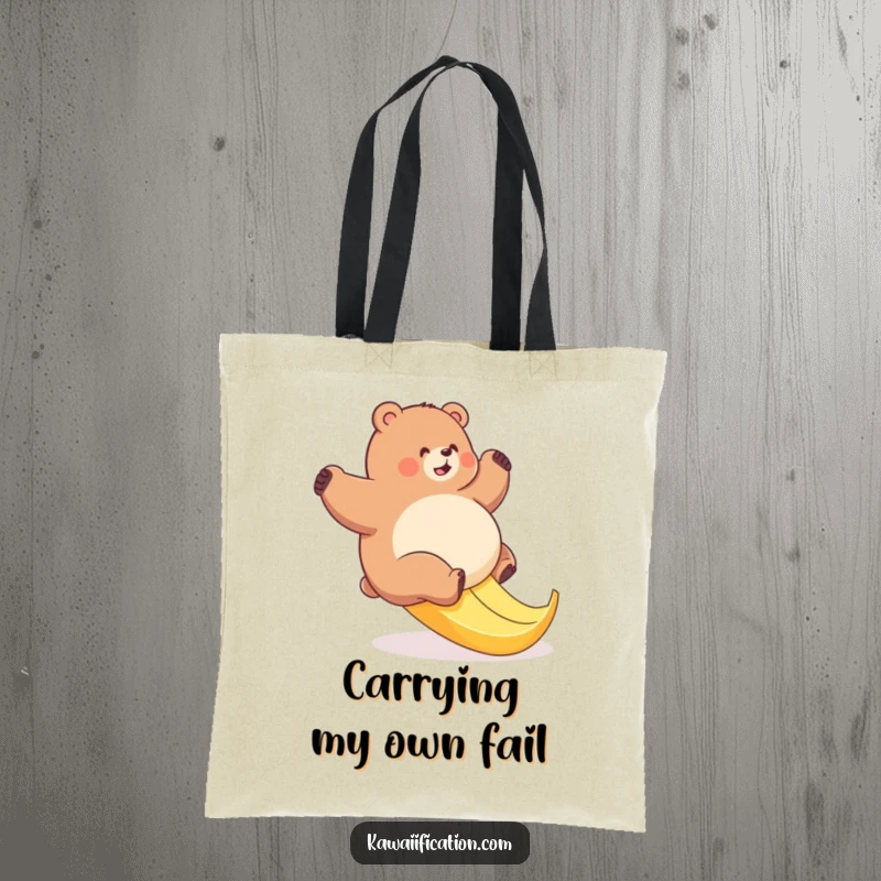 Funny bear tote bag illustrating a plump bear's comical attempt to climb a slippery banana peel, a humorous carry-all.