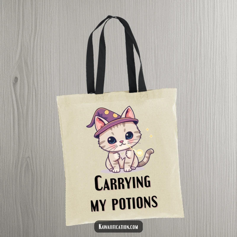Funny cat wizard tote bag wearing a tiny hat, conjuring a laser dot, mystical and practical accessory, excellent funny gift.