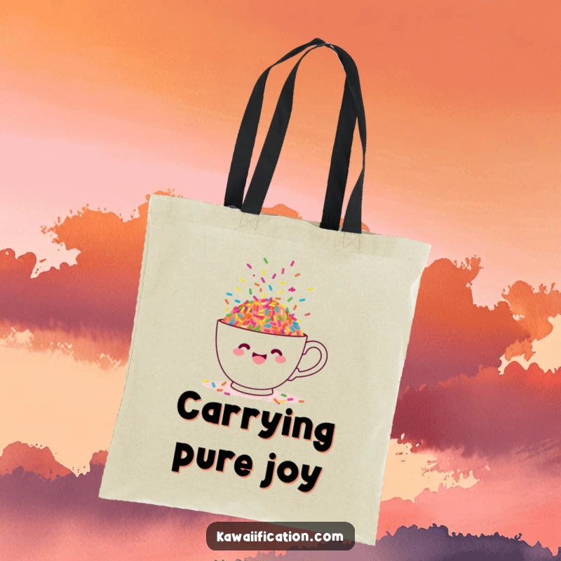 Funny tote bag featuring a cheerful teacup overflowing with colorful, dancing sprinkles, a whimsical accessory.