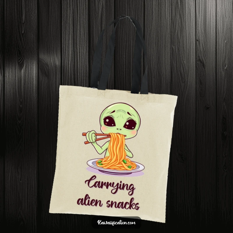 Funny Tote Bag featuring a confused alien trying to eat spaghetti using chopsticks, symbolizing a humorous cross-cultural dining experience.