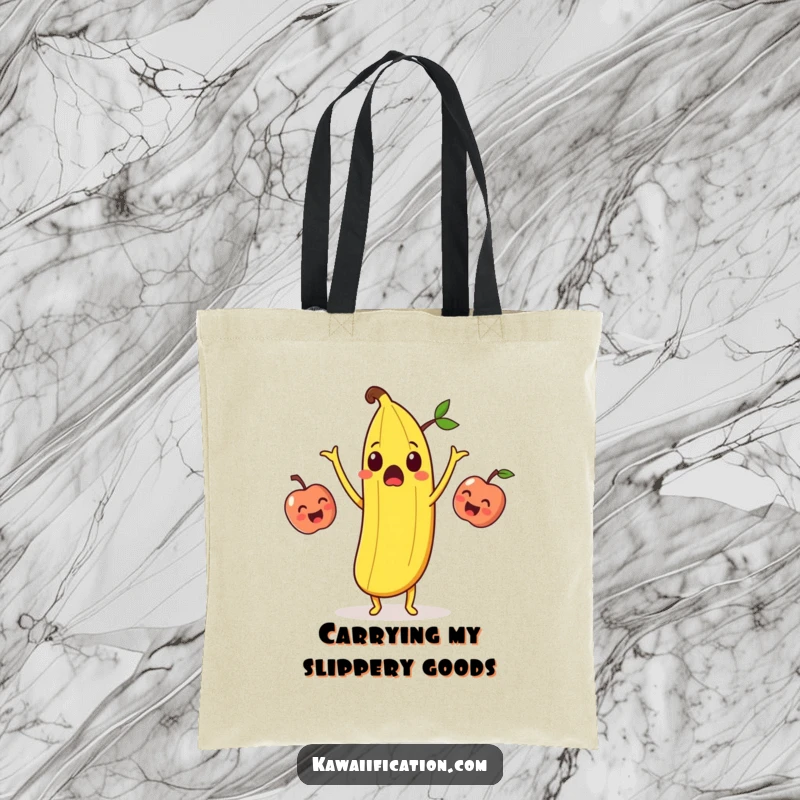 Funny surprised banana peel juggling laughing apples on a durable tote bag, a humorous and practical accessory.