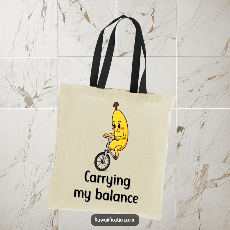 Funny tote bag depicting a determined banana character skillfully riding a unicycle, ideal for carrying essentials with humor.