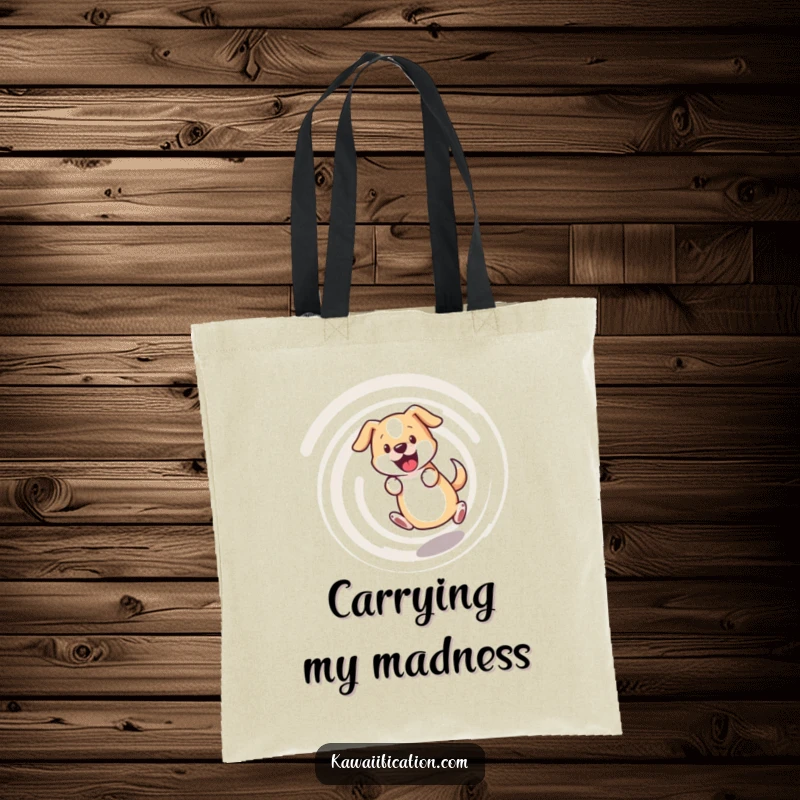 Funny dog tote bag, bewildered dog chasing its tail in a dizzying spiral, a humorous and practical accessory for pet lovers.