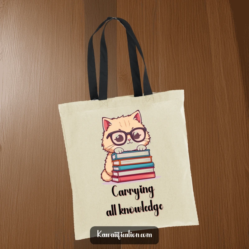 Funny cat tote bag, fluffy cat wearing oversized glasses, trying to balance a stack of books, a humorous and practical accessory.
