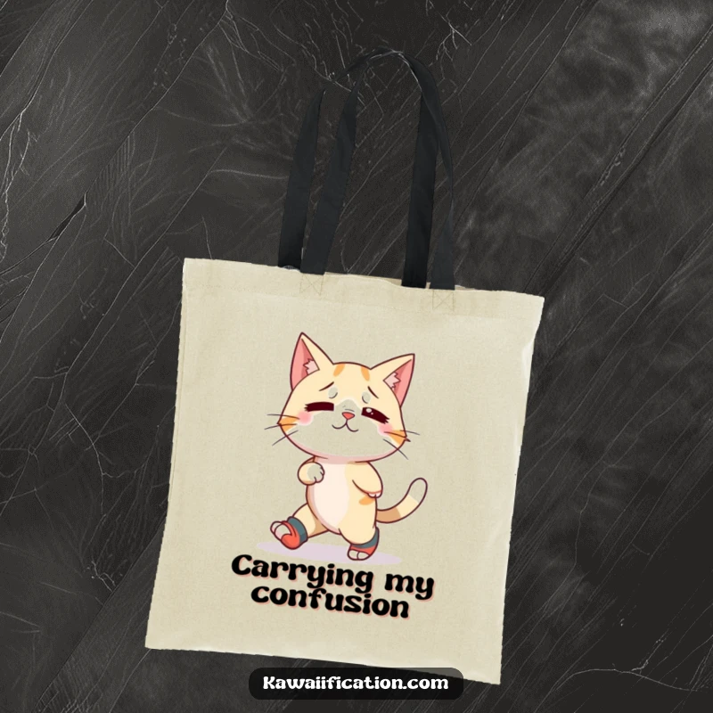 Funny tote bag depicting a confused cat humorously wearing mismatched socks and walking backward, ideal for carrying daily items.