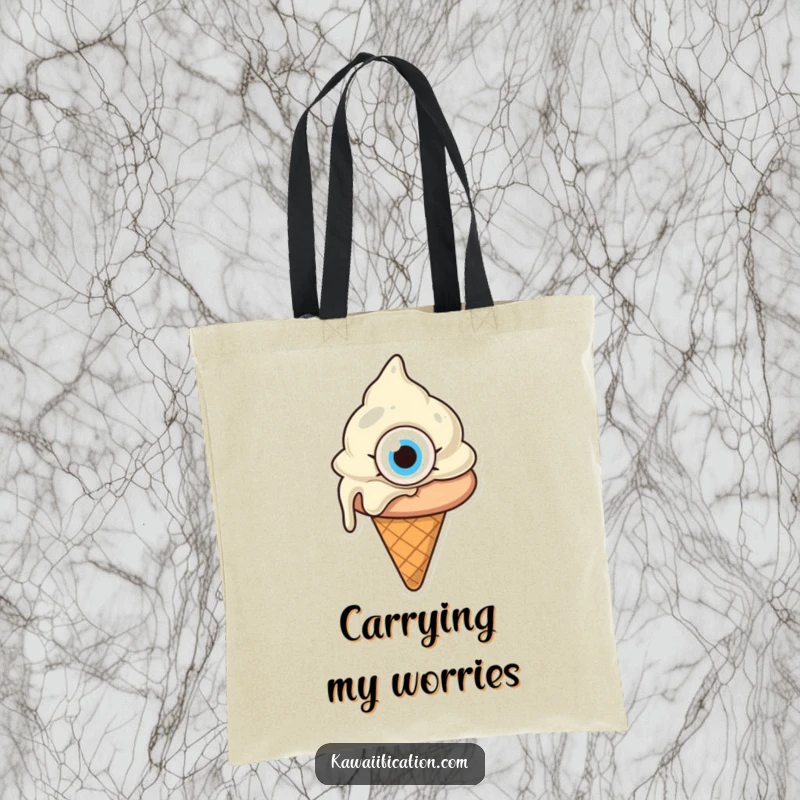 Funny melting ice cream cone with one giant eye, looking confused, a sturdy tote bag for errands, expressing funny bewilderment, a funny gift.
