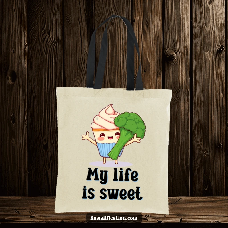 Funny happy cupcake with frosting arms hugging grumpy broccoli, a durable tote bag for carrying items, showcasing funny food friends, a funny gift.