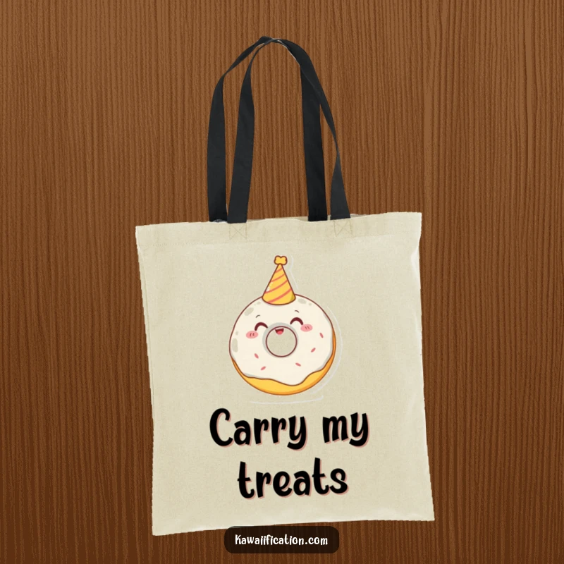 Funny tote bag featuring a delighted donut character trying to wear a tiny party hat, ideal for carrying treats humorously.