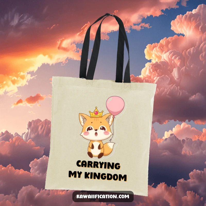 Funny tote bag featuring a surprised fox wearing a tiny crown, falling out of a balloon, perfect for carrying everyday items with flair.