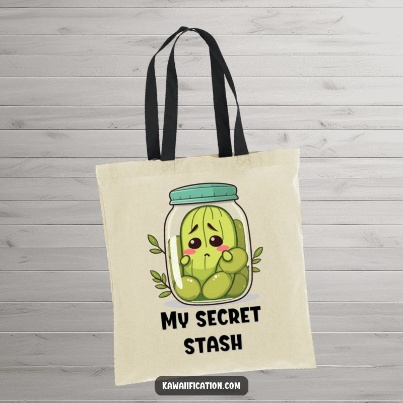 Funny nervous pickle tote bag trying to hide in a jar of olives, carrying your relatable humor in style, excellent funny gift.