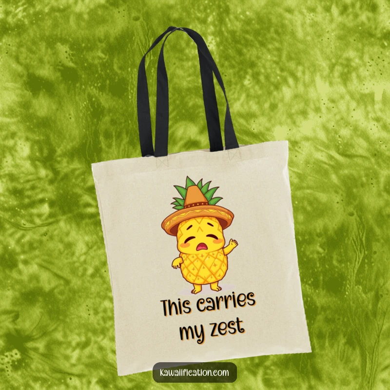 Funny tote bag showing a bewildered pineapple character with a sombrero, comically attempting to limbo, perfect for carrying party supplies.