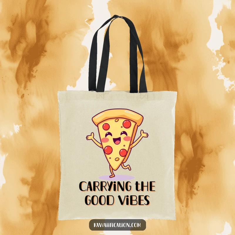 Funny tote bag illustrating a happy pizza slice character dancing, ready to carry your essentials with infectious cheer.